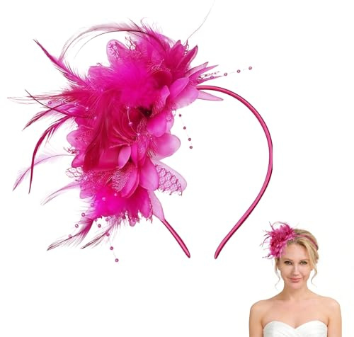 Wnzdp Pink Fascinator for Weddings and Formal Events, Fascinators for Women Seeking Vintage Aesthetics, with Rose Feather Design, Adjustable Headband for Various Occasions