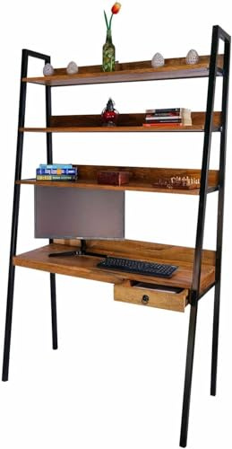TIJORI Ladder Desk with Shelves and Drawer, Mango Wood, 120 x 203 cm | Solid mango and wrought iron | 3 display shelves | Home office and living room