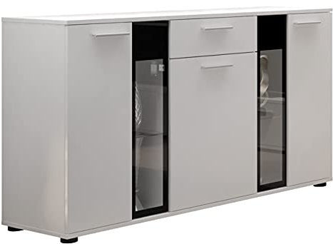 Kommode Salsa Anrichte Highboard Sideboard Schrank Naturtöne Mehrzweckschrank Wohnzimmerschrank, Anrichte (mit Blauer LED Beleuchtung, Weiß)