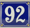 Emaille Schild Hausnummer 92 Blau-Weiß Handarbeit