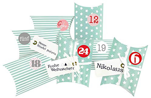 Frau WUNDERVoll® DIY Adventskalender zum Befüllen Christkind: Set 193, Kissenschachteln 15x11x4,5cm Tuerkis Sterne und Streifen, Ziffern rosa-rot