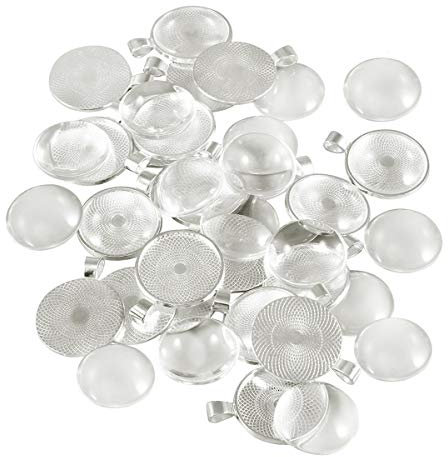 20set Round Alloy Pendant Trays with Glass Dome Tiles Blank Bezel Settings for Creative Jewelry Making and Craft Supplies Silver