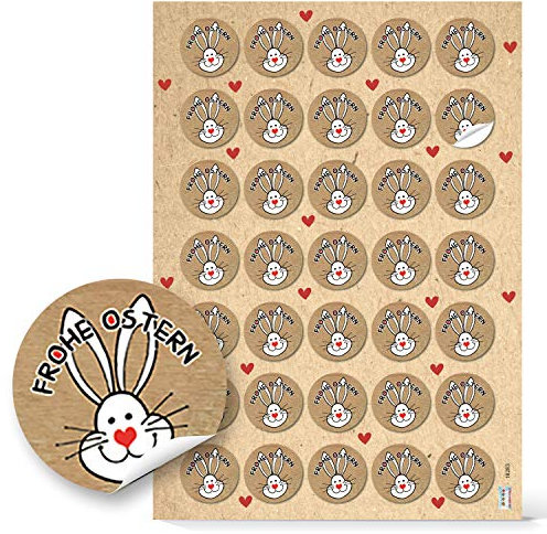 Aufkleber Set Ostern: 35 Runde Ostersticker, Hochwertiger Druck, Weiß/Natur mit Osterhasen, Frohe Ostern Schriftzug, Selbstklebend, Für Geschenke, Tüten & Karten, Made in Germany, ⌀ 3,2 cm