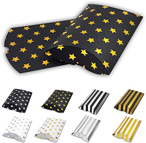 Frau WUNDERVoll® 6 Kissenschachteln matt schwarz, Sterne gold metallic 24x14cm (flach), 250g / Kissenverpackungen, Pillow box, Faltverpackung, Geschenkverpackung, Gastgeschenk, Adventskalender
