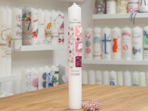 meinkerzenshop Kommunionkerze NELE personalisiert mit Name und Datum, individuell und mit Echtwachs handverziert für Junge und Mädchen