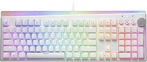 i-rocks K71M RGB Mechanical Gaming Keyboard with Media Control Knob, Switches (Brown), 107 Keys w/Full NKRO, PBT Keycaps, Multimedia Hotkeys, Detachable USB-C Cable and Onboard Storage, White