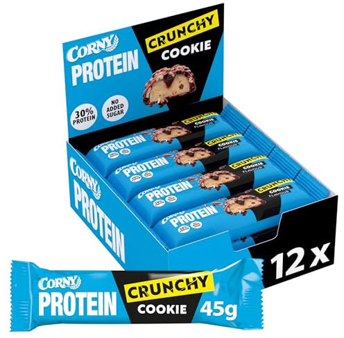 Barritas de Proteínas, Corny Protein,Crunchy Chocolate y Cookies,13,5 gr de Proteínas, 0% Azúcares Añadidos, Ayudan al Desarrollo y Recuperación de la Masa Muscular - Pack 12x45g, Taste the Power
