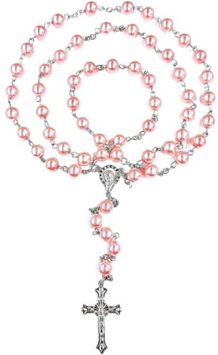 FLAFARY Rosary Set for First Communion, Catholic Rosary Beads for Men, Women, Kids (Pink)