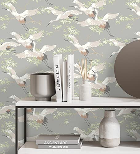 GAULAN 500681331 - Tapete, Abwaschbar. Tapete mit orientalischen Graureiher-Motiven auf grauem Grund für Wohnzimmer Schlafzimmer Flur Esszimmer Bettkopfteil - Muster DIN A4