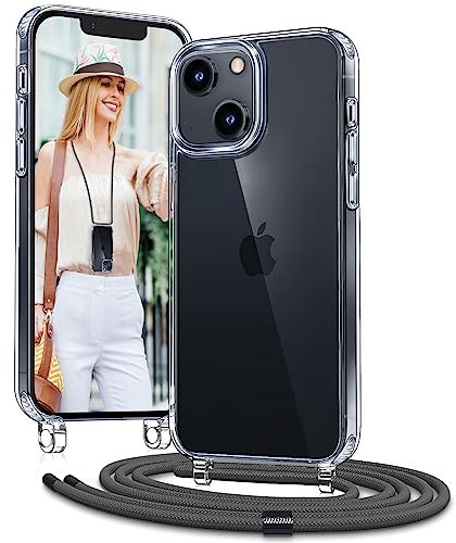 Vaykwo Handykette mit Band für Apple iPhone 14 Hülle und iPhone 13 Hülle - Necklace Handyhülle - Transparente Case zum Umhängen mit Kameraschutz und Bildschirmschutz - Grau