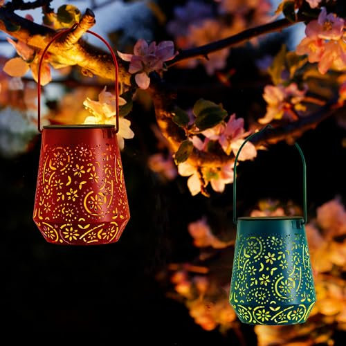 OxyLED Solar Laternen für Draußen, Gartendeko für Draußen 2 Stück IP44 Wasserdicht Metall Solarlaterne für Außen Balkon Deko Solarlampen für Außen Laterne für Balkon Garten Patio Terrasse Rot Blau