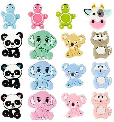 OLYCRAFT 16Pcs 16Style Perles en pour Animaux avec Trou de 2mm Perles Koala Tortue Elephant Panda Perles en Extensibles pour la Fabrication de Porte-clés de Colliers et de Bracelets