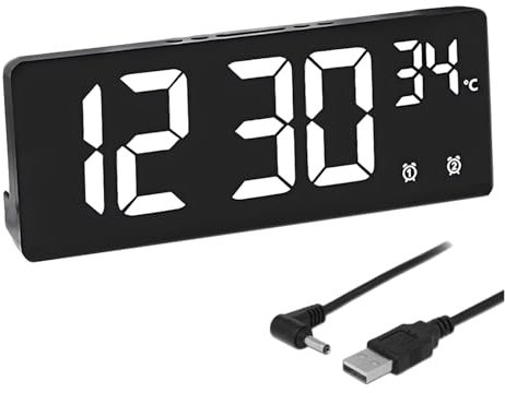 POHOVE Wecker Digital, Digitaler Wecker mit Große LED Temperaturanzeige,Digitaluhr mit 2 Alarmen und 5 Einstellbare Helligkeit, Snooze, USB Ladeanschluss, 12/24 Stunden