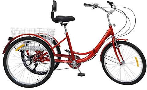 vinnyooc Dreirad Für Erwachsene 24 Zoll 3 Räder Senioren Trike Faltbares Dreirad 7 Gang Fahrräder Mit Einkaufskorb Für Erwachsene Senioren Fahranfänger Manuelle Klingel ROT