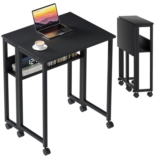 GreenForest Piccola Scrivania Pieghevole Salvaspazio con Scaffale, 63 CM Scrivania da PC su Ruote Facile da Assemblare, Adatta per Ufficio, Camera da Letto e Studio, Nera