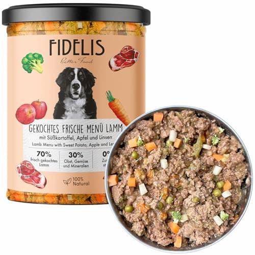 Fidelis – Gekochtes Frische-Menü Hunde mit Lamm, Süßkartoffel, Apfel & Linsen (6 x 400g Glas) – Hundefutter nass mit 70% Fleischanteil & frischen Zutaten – Nassfutter ohne Zusätze & ungekühlt haltbar