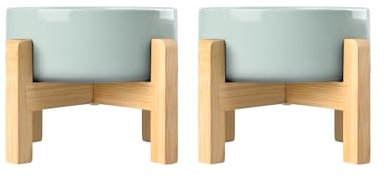 SPUNKYJUNKY Hundenapf Keramik Erhöhter Futternapf Set mit Bambus Ständer für Katzen und Hunde (400ml, Hellgrün)