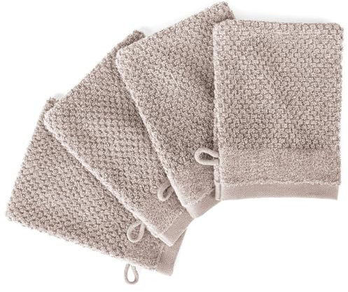Pure Label 4-TLG. Waschhandschuh Set 16x21cm mit Anhängeschlaufe aus 100% Baumwolle, saugstark, weich und Oeko-TEX Zertifiziert - 4 Waschlappen aus Baumwolle, Stein - Taupe