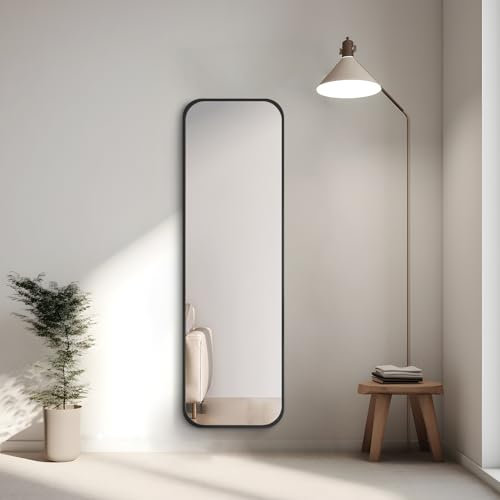 Heilmetz Miroir Plein Pied 120 x 37 cm, Miroir sur Pied, Coin Rond avec Cadre Noir, Montage Mural,Miroir Mural rectangulaire pour Chambre, vestiaire, Couloir, Magasin de vêtements