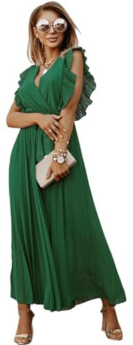 HEYPORK Damen Frühling Sommer Kleider Bequem Lässig Kleid Mode Elegant Röcke Frauen Temperament Langes Kleid Geraffte Ärmel Chiffon Faltenrock Feste Farbe Kleider(Grün, S)