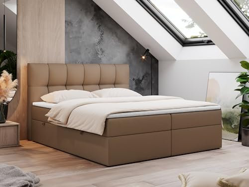 MKS MEBLE Boxspringbett 120x200 mit Bettkasten, Bett mit Multipocket - Matratze H3 Topper, Polsterbett 120x200 mit Bettkasten Kopfteil, Boxspringbett mit Matratze H3, RICO - Braun Kunstleder