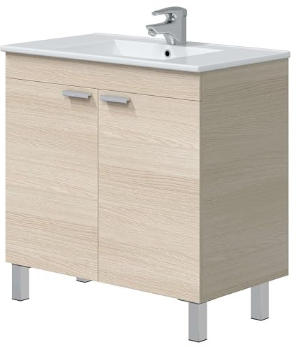 Miroytengo Mueble de Baño Atenea con Patas Armario 2 Puertas Abatibles Color Roble 80 cm (con Lavabo PMMA)