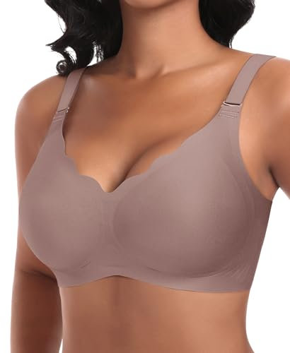 Ganado Damen Nahtloser BH Ohne Bügel Tiefem V-Ausschnitt gewellte Ränder Push Up BH Bralette Soft Bequem BHS Bügellos Bustier (Braun-Vordere Welle, XL)