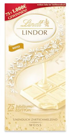 Lindt Schokolade LINDOR Weiß | 100g Tafel | Weiße Schokolade mit einer unendlich zartschmelzenden Füllung | Schokoladentafel | Schokoladengeschenk | LINDOR 75 Jahre Jubiläums Edition