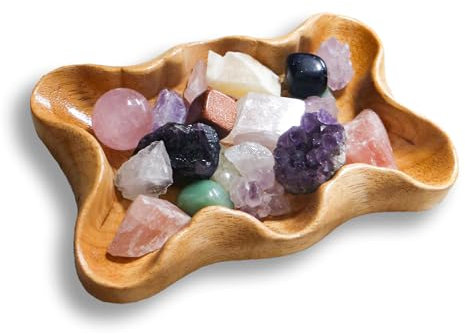 Bandeja de cristal para rocas, gemas y piedras curativas, cuenco de madera, soporte de almacenamiento de cristal, bandeja de exhibición decorativa, organizador de cristal, cuenco zen, bandeja para