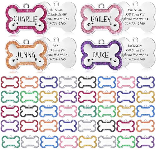 Yaocom Personalisierte Hundemarken mit Glitzer, blanko, Haustier-ID-Tags zum Gravieren, 4,6 mm, Metallknochenform, Namensschild zum Selbermachen, graviert für Haustiere, Hund, Welpen, Katze, 12