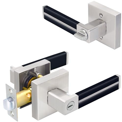HADE LION Privacy Door Handles Brushed Nickel without Keys, Black Leather Door Knobs Interior, Bathroom/Bedroom Door Lever Lock 1 Pack