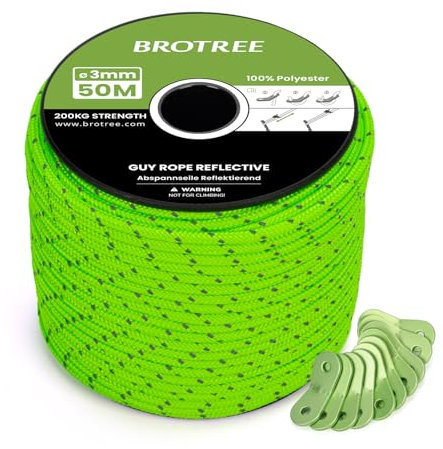 BROTREE Abspannseile Camping 50m Zeltschnur mit 10 x Spanner 3mm Reflektierend Abspannseile mit Seilspanner für Zelt Camping Sonnensegel Vorzelt (Neon Grün)