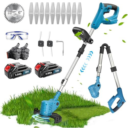 Akku-Rasentrimmer, Ersatz für Makita 18V DUR181Z, kompatibel mit Makita BL1830B Akku, Falten Freischneider mit 2x3000mAh Akku,Verstellbarer Teleskop-Führungsholm, für Rasenschneiden Rasenpflege