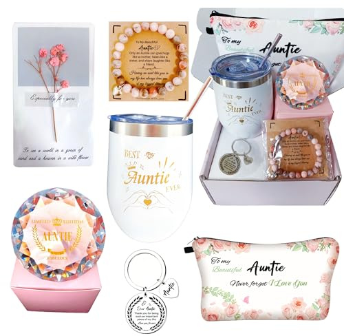 Auntie Birthday Gifts, Best Auntie Gifts, Presents, Mothers Day, Christmas | Aunty Birthday Gifts, Presents for Aunts, Auntie Gifts from Niece or Nephew, Tumbler, Makeup Bag, Heart Crystal & Keyring Set