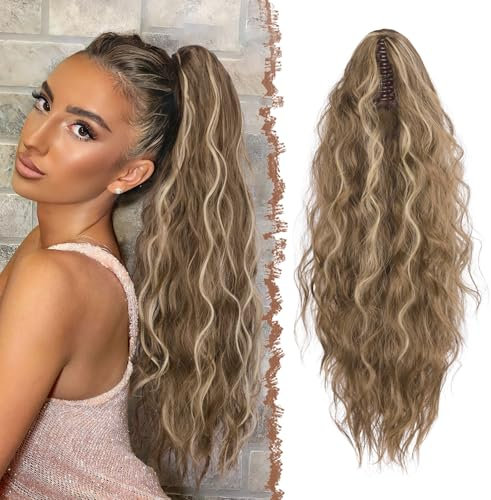 FESHFEN Pferdeschwanz mit Klammer, Lange Wellig Lockig Haarextension Synthetik Zopf Haarverlängerung Claw Clip in Haarteil Ponytail für Damen 65cm Hellbraun und Blond