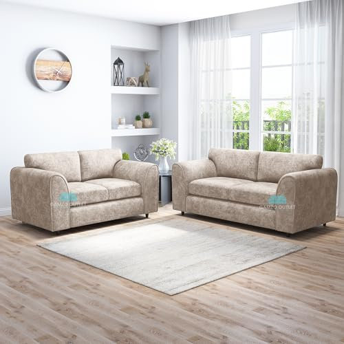 Gamzo Outlet Exclusive Superior Alaska Fabric (3+2) Full Back Sofa Comfortable Premium Sophisticated Living Room Accessory for Large Spacious Area Colour Beige, 3+2-Seater