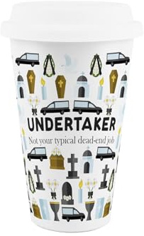 Purely Home Undertaker Ceramic Travel Mug - Novelty Gifts for Funeral Directors - Reusable Silicone Lid Double-Walled Insulated Hot/Cold Drinks Flask