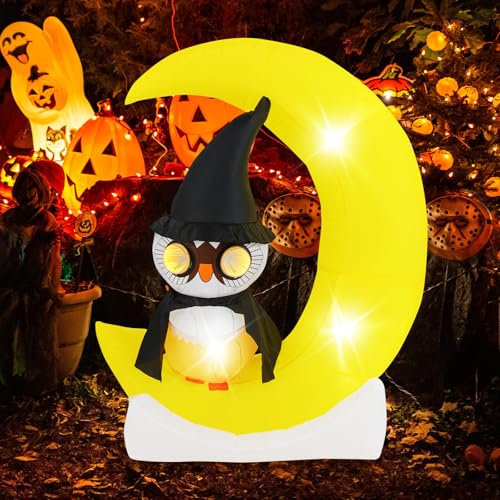 COSTWAY 155CM Halloween Deko Outdoor, LED Aufblasbarer Eulen auf dem Mond stehend, Schreckliche Halloween Dekoration für Hausgarten Rasen Garten Party, selbstaufblasend