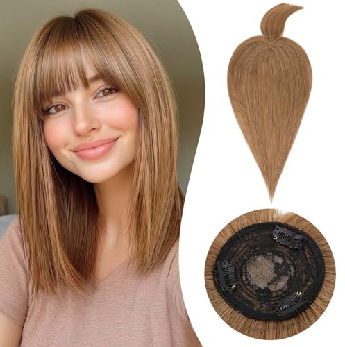 Rich Choices Haar Toupet Damen Echthaar Topper mit Pony 12 Zoll, Hellbraun