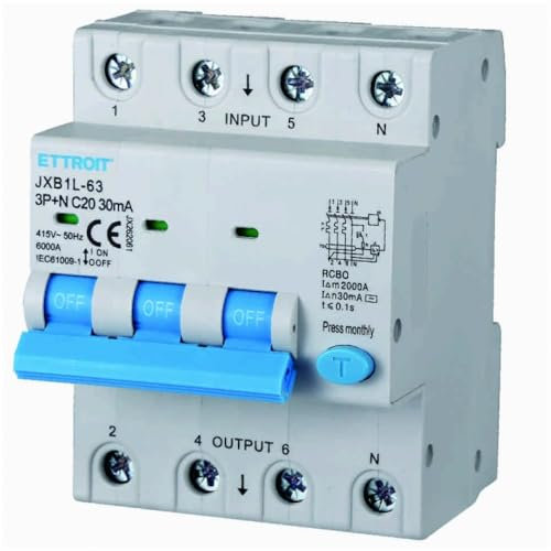 380V 20A C20, INTERRUTTORE MAGNETOTERMICO DIFFERENZIALE SALVAVITA, 3P+N, MONTAGGIO SU BARRA DIN, 4 MODULI, 30mA, 6KA 6000A, RCBO, 415VAC