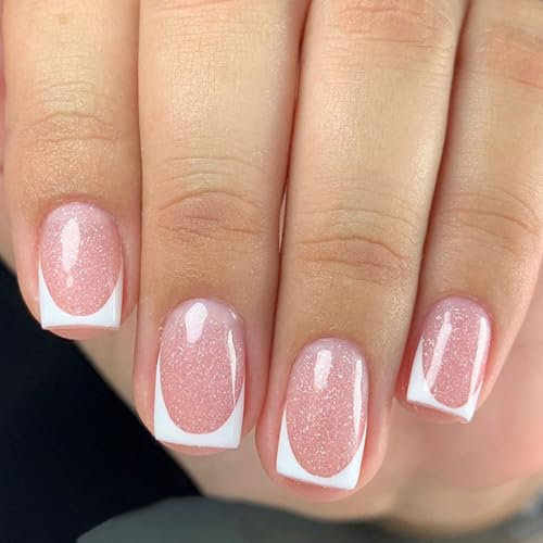 24pcs French Tip False Nails Short Square Press on Nails White Edge Pink Glittery Stick on Nail Removable Glue on Acrylic Full Cover Fake Nail Tips Accessories for Women Girls