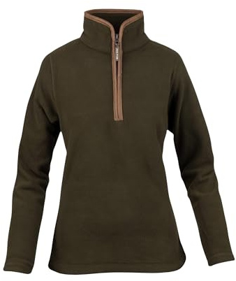 JACK PYKE Ladies Fleece Pullover – 300g Thermal Fleece Jacket, Quarter Zip Top, Nubuk Piping Detail, Elasticated Cuffs & Waist, Field Jumper for Hiking, Outdoor Wear - Dark Olive Large