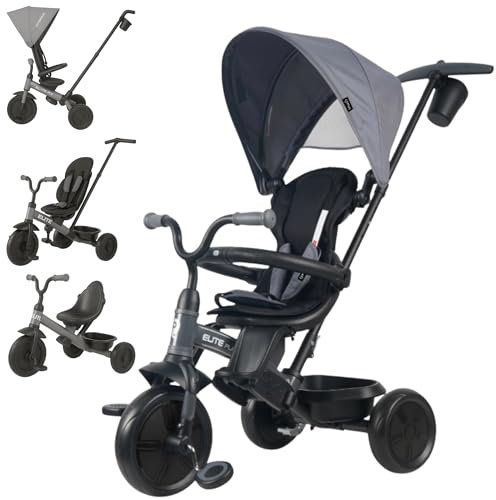 Qplay Elite Platinum Evolutionäres Dreirad mit 360° drehbarem Sitz | für Kinder von 10 bis 36 Monaten - elterliche Kontrolle, XL-Verdeck, Fußstütze und Metallrahmen - Farben Grau, Grün und Rosa (Grau)