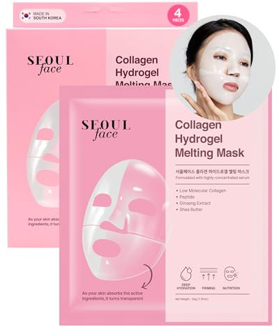 Koreanische Hydrogel Maske Kollagen Peptide, 4 Stück - DERMAL Seoul Face Collageen Hydrogel Overnight Nachtmaske mit 5-Peptid-Komplex & 300Da niedermolekularem Kollagen für Glass-Skin-Glow, K-Beauty