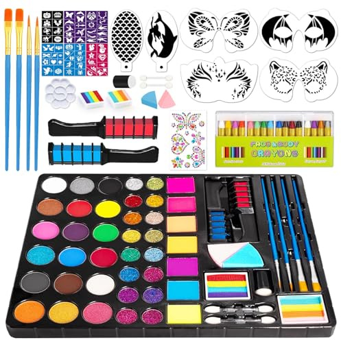 Face Painting Kit for Kids, 59 Colors Water Based Non-Toxic Paint, with 4 Brushes, 38 Stencils, 6 Reusable Stencils, etc. Washable Face Paints for Birthdays Halloween Party Carnival