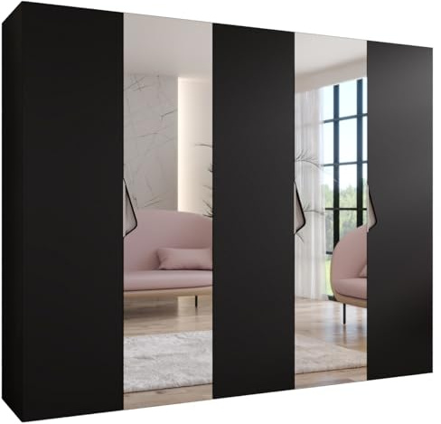 MEBLE KRYSPOL - Kleiderschrank - Garderobenschrank - 250 cm x 202 x 52 cm - Schrank mit Kleiderstange und Spiegel, 5 Türen - für Schlafzimmer, Flur - SANDI, Schwarz, Griff Kaschmir