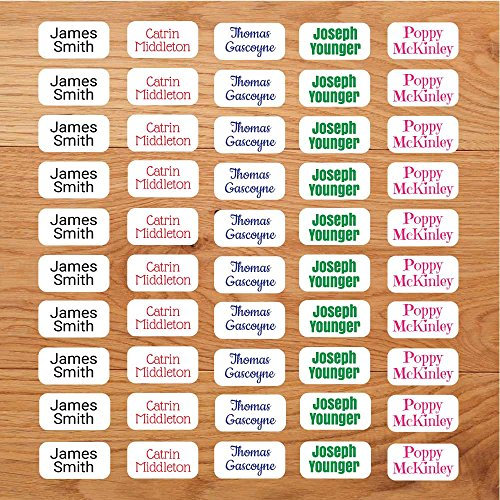 Funky Labels Stick-On Clothing Name Labels – 120 Personalised Peel & Stick Tags – Waterproof, No Iron, Tumble Dryer Safe – Name Stickers for Kids School Uniform, Nursery, Bottles & Clothing