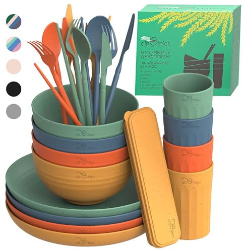 DINETHICS Wheat Straw Dinnerware Sets For 4 - Camping Plates Cups And Bowls Set - Dishwasher Microwave Safe Dishes - Alternate To Plastic Dinnerware Set - Wheat Straw Plates And Bowls Sets - RV Dishes