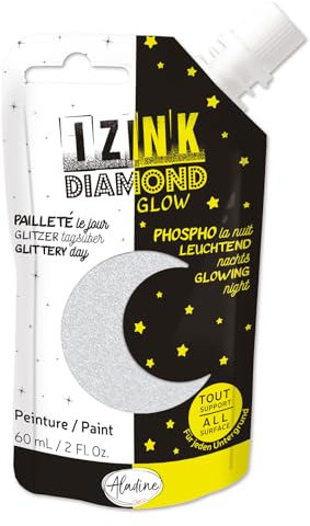 Aladine - Vernice glitter fosforescente argento 60 ml - Izink Diamond Glow - Glitter il giorno, fosforescente di notte - Ultra coprente, tutto supporto - Tempo libero creativo - Borraccia morbida -