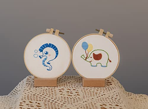 Ebherys Level1 Handstickset für Anfänger, kein Kreuzstich, 2 niedliche Muster, 2 Reifen, Nadelspitzen-Set, DIY-Arbeitsanleitung (Seepferd und Elefant)